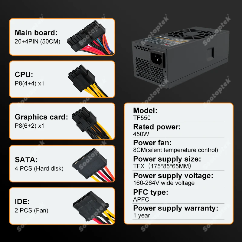 TFX 450W Wide Voltage 160-264V PC Power Supply 80PLUS Bronze Certified Silent Switching 8CM Fan Compatible with TFX Case