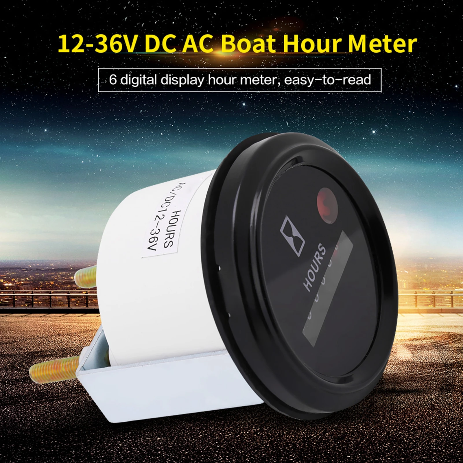 12‑36V DC AC 6 Digit Accurate Round Quartz Hour Meter Gauge Tester for Boat Car Truck Engine Hour Tester Hour Meter Hour Gauge