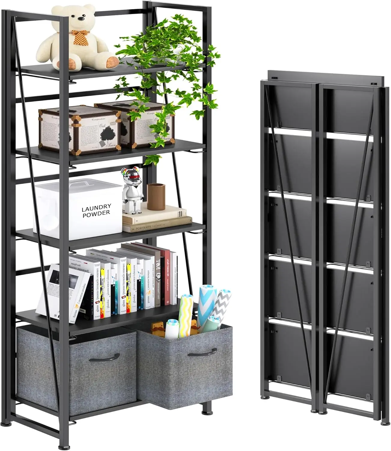 

No-Assembly Folding Bookshelf Storage Shelves 5 Tiers Vintage Bookcase Standing Racks Study Organizer Home Office (All Black)