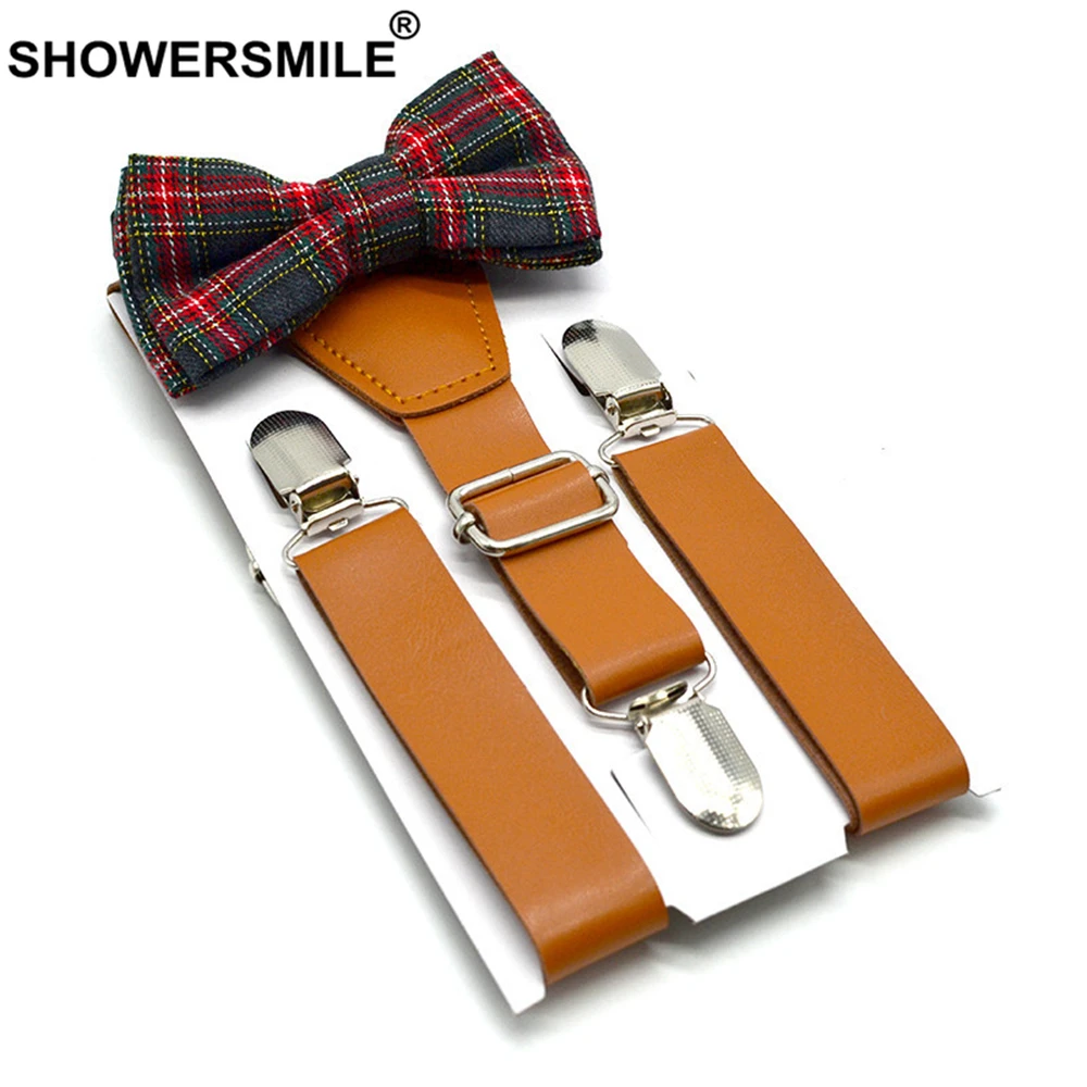 SHOWERSMILE Kids Suspenders With Bow Tie Leather British Style Boys Suspenders Vintage Wedding Brown Children Braces 75cm*2.5cm