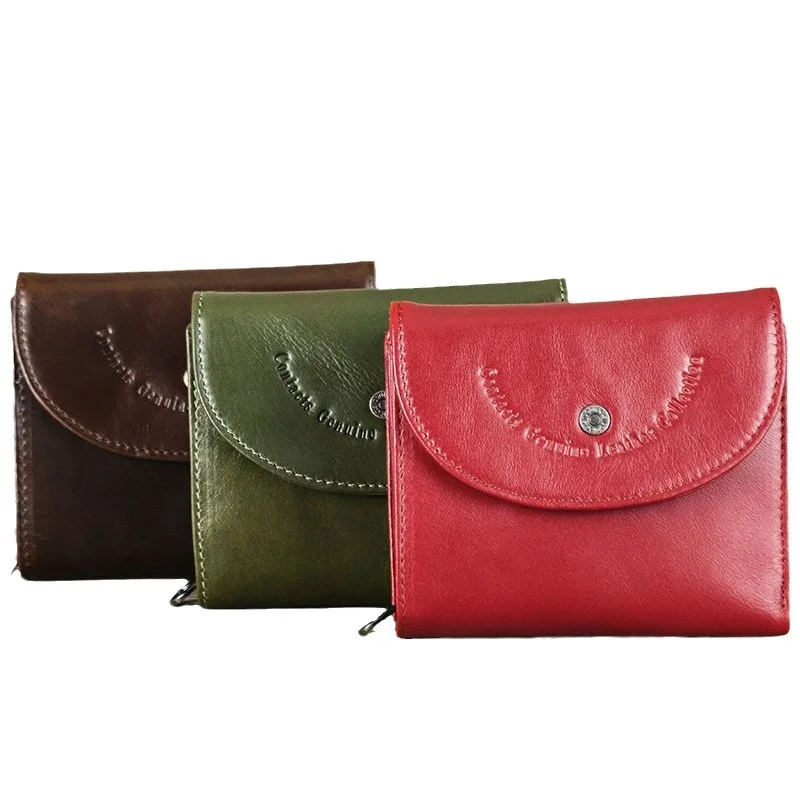 Portefeuille en cuir de vachette étanche avec brosse antivol pour femme, couche supérieure, sac de rangement pour pièces de monnaie pour fille, rouge, vert, noir, mode décontractée, 30%