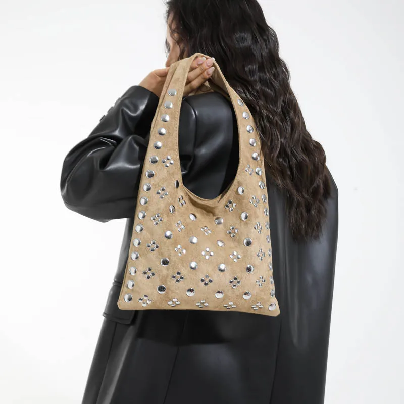 

2025 Trendy Polka Dot Studded Tote Bag, Edgy Underarm Bucket Purse Unique Circle Pattern Cute Gothic Print Handbag for Women