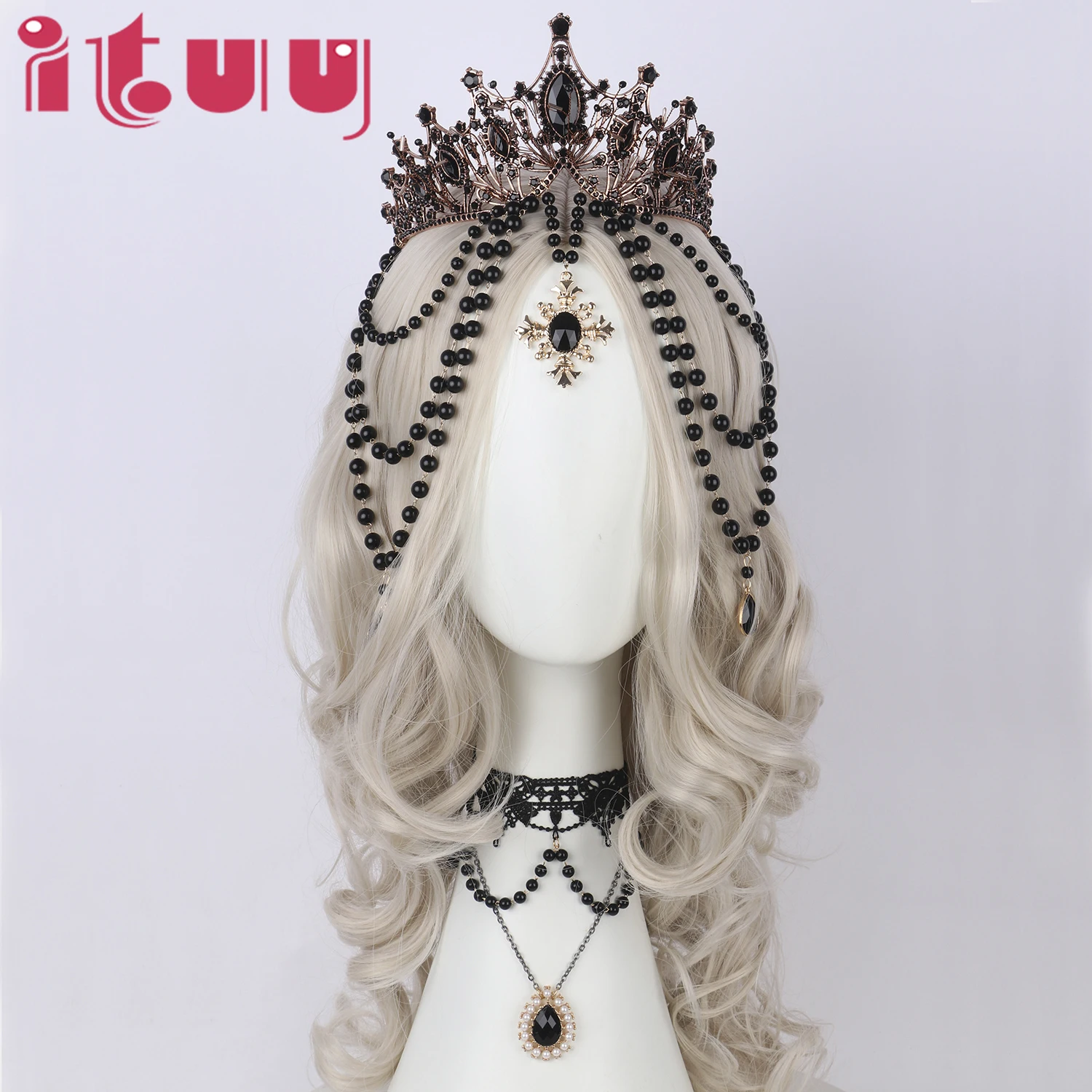 Lolita Gorgeous Vintage Mary Baroque Tiara Black Bead Chain Goddess Sun Bride KC Crown Halloween Cosplay Headwear