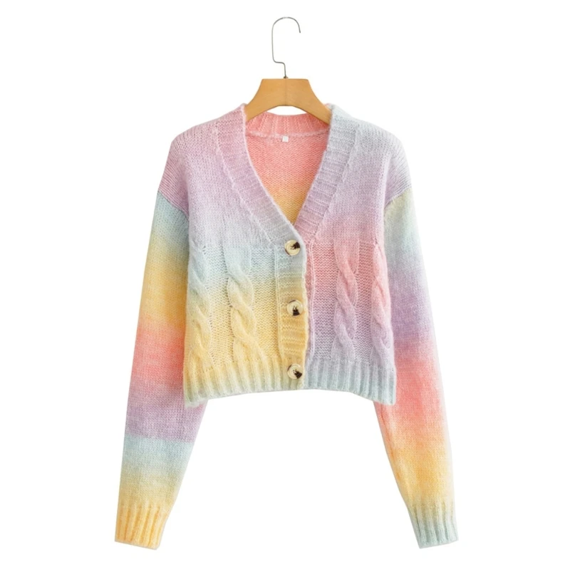 Women Puff Long Sleeve Sweater Cardigan Twist Cable Knitted V-Neck Knitwear Coat Button Down Rainbow for Jacket