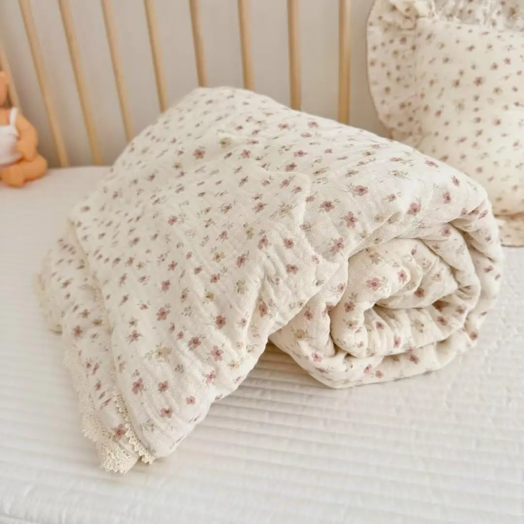 

Cotton Muslin Toddler Quilt Blanket 47x59 Inches - Soft Lightweight Crib Blanket, Floral Print, Machine Washable