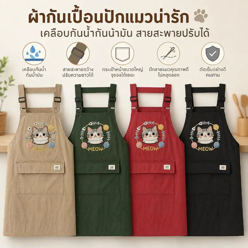 Waterproof Oil Resistant Apron With Embroidered Cat Pattern Adjustable Strap Large Pocket For Kitchen Coffee Shop Supplies