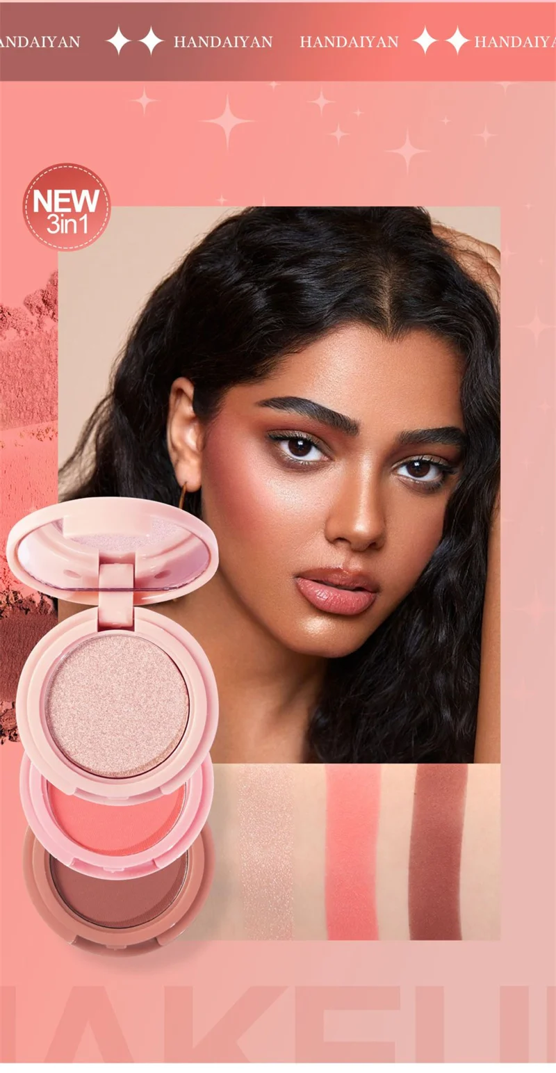 3-in-1 Contour Highlighter Blush Palette, All-in-One Makeup Kit with Fine Glitter for Face Highlighting & Bronzing