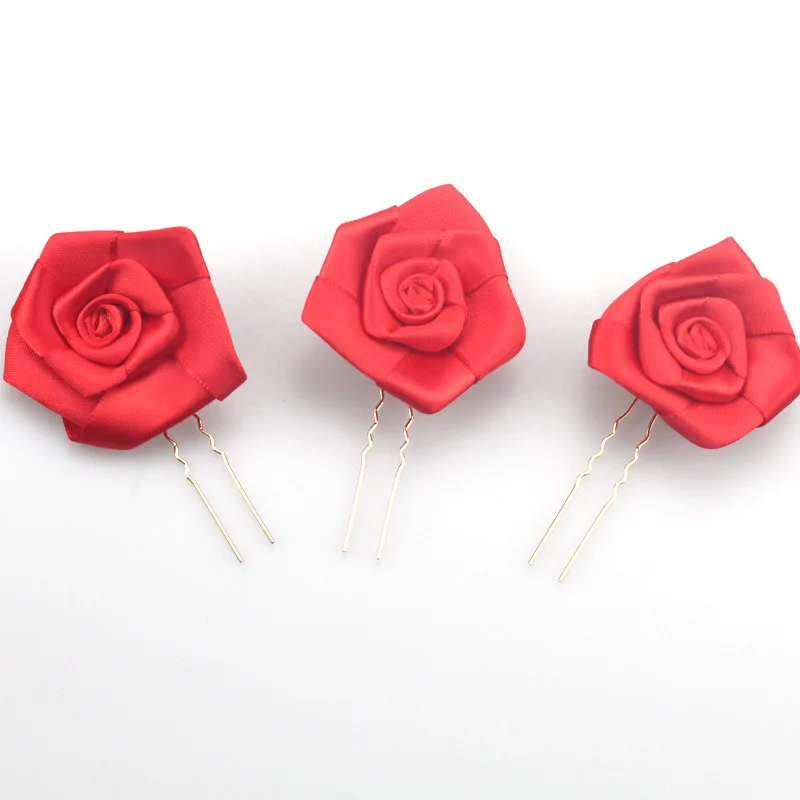 3 قطعة الشريط الأحمر المزورة اليدوية 5 سنتيمتر زهور النسيج الوردي دبابيس الشعر الزفاف إكسسوارات الشعر أغطية الرأس الزفاف #4