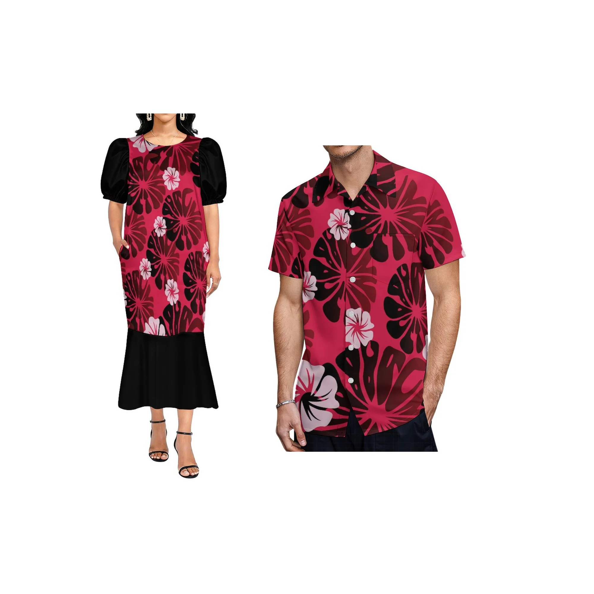 Ropa de Pareja con Diseño Personalizado de las Islas del Pacífico, Vestido Muumuu de Micronesia para Mujer, Vestido Muumuu con Cola de Pez y Camisa Casual para Hombre con Cuello Rígido