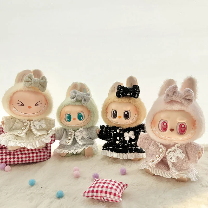 

17cm Cute Mini Plush Doll's Labubu Baby Clothes Sweet Pearl Noble Small Fragrant Skirt Set For Labubu Clothing DIY Girl Gifts
