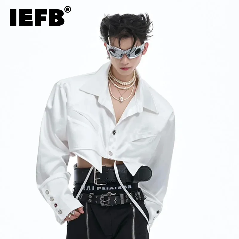 IEFB Niche Design Short Men\'s Shirt Shoulder Pad Loose Long Sleeve Turn-down Collar Solid Color New Stylish Male Tops 24E1280