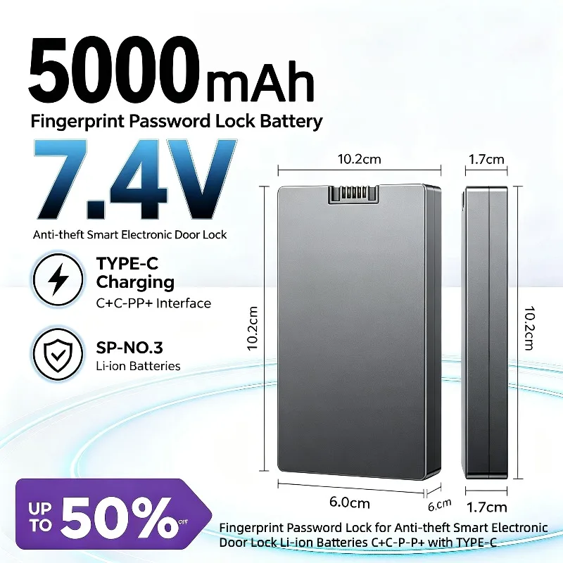 SP-NO.3 5000mAh 7.4V Fingerprint Password Lock for Anti‑theft Smart Electronic Door Lock Li‑ion Batteries C+C-P-P+ with TYPE-C