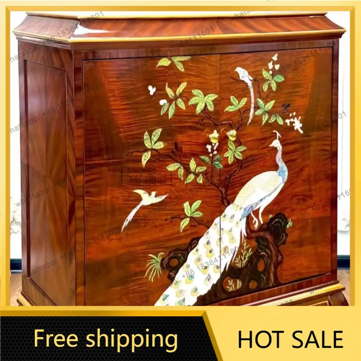 LD Dian shell inlaid peacock branches double door two chest multi-functional cabinet