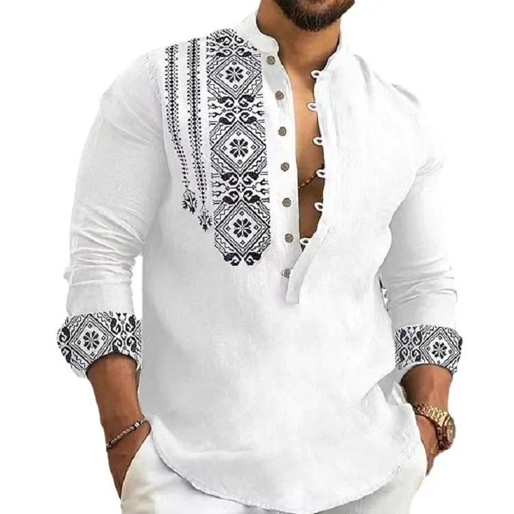 Men Long Sleeve Button-Down Shirt Blouse Loose Henley V-Neck Beach Tops T Shirts