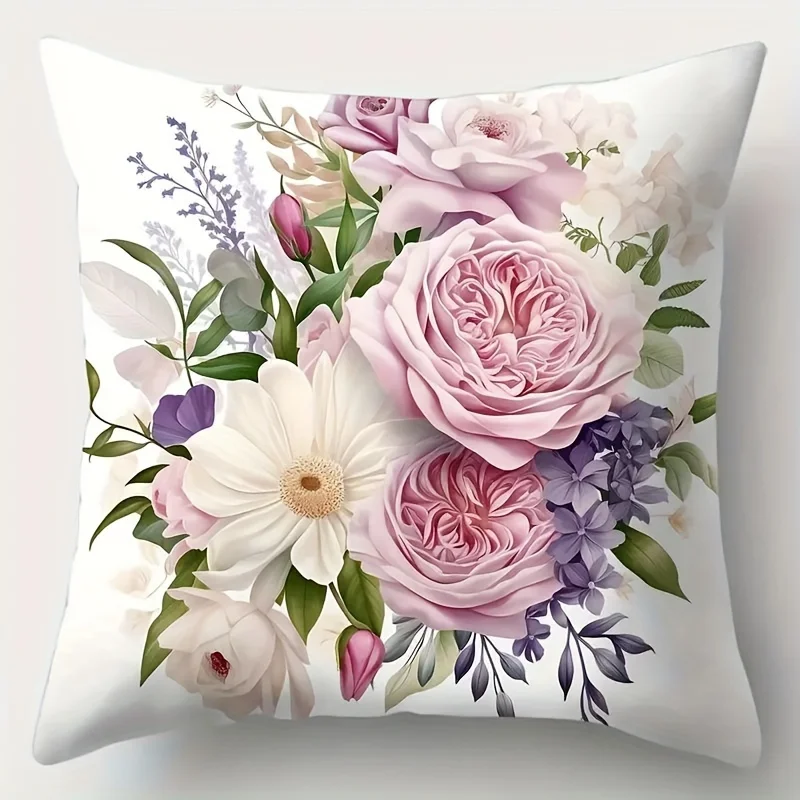 Floral Plant Print Square Pillowcase for Sofa – Single-Sided, Washable & Removable