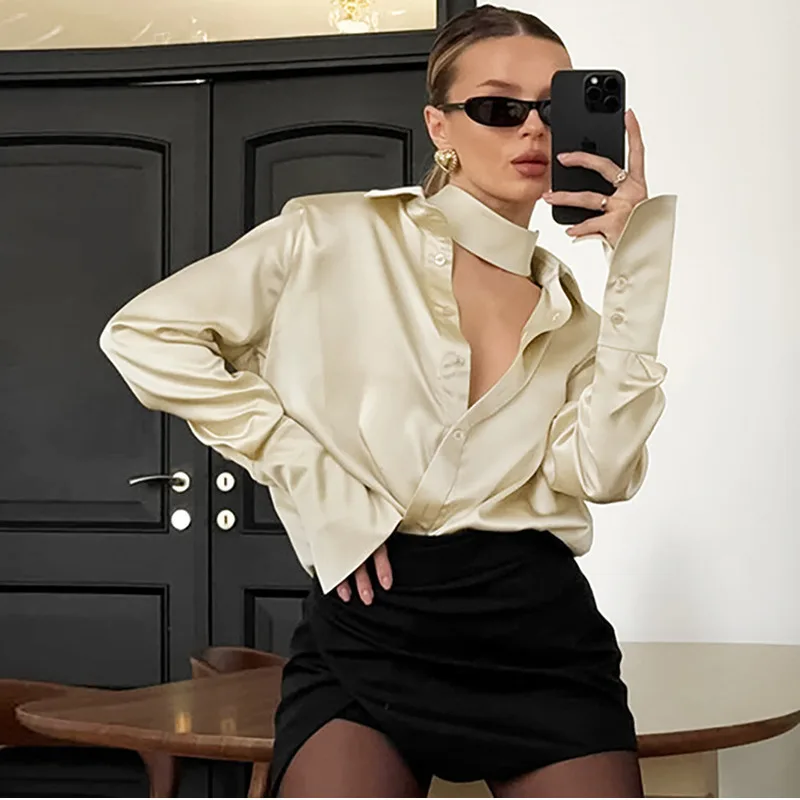 Vintage Solid Satin Shirts Blouses Women Elegant Black Long Sleeve Loose Shirts Fashion 2024 Party Lace-up Blouses Female