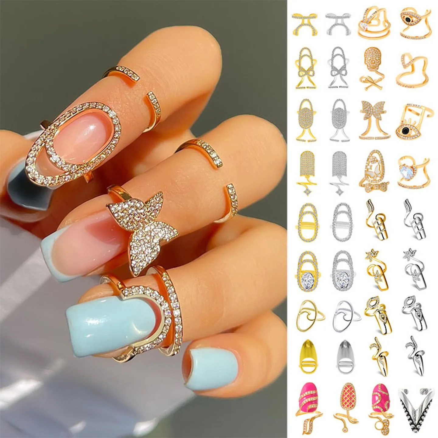 

Fashion Women's Crystal Nail Cover Ring Luxury Zircon Manicure Fingertips Joint Fake Nail Rings For Women Party Jewelry Gifts