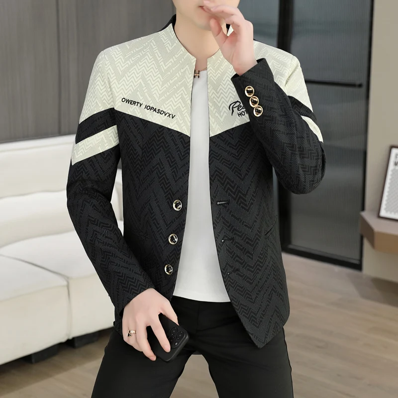 2026 Spring Spliced Men's Stand Up Collar Suit Jacket Slim Fit Business Social Blazers Streetwear Jacket Costume Homme