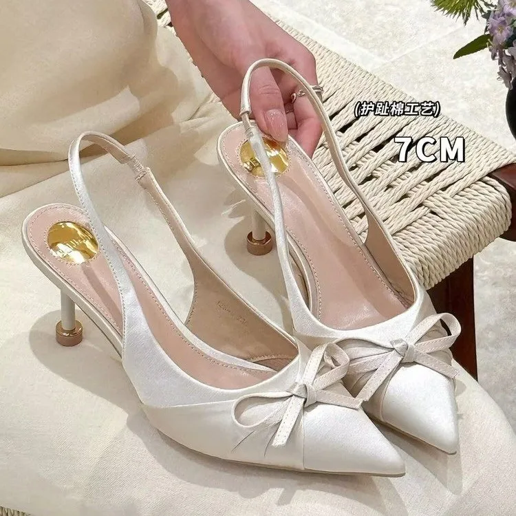 

Women's 2026 New Solid Color Bow Decorated High-heeled Sandals Summer Fashion Pointed Toe French Style Shallow Mouth Sandals