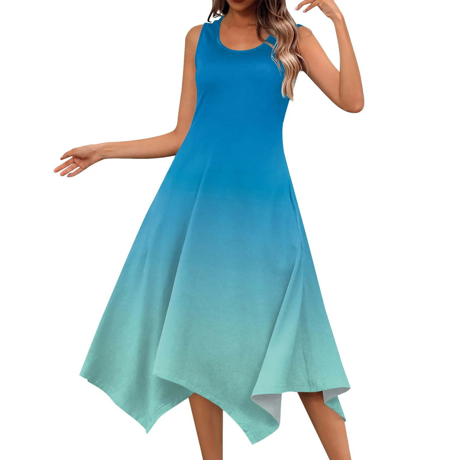 Abito da donna di colore sfumato moda semplice Casual abito da vacanza al mare girocollo senza maniche abito con orlo irregolare con tasche