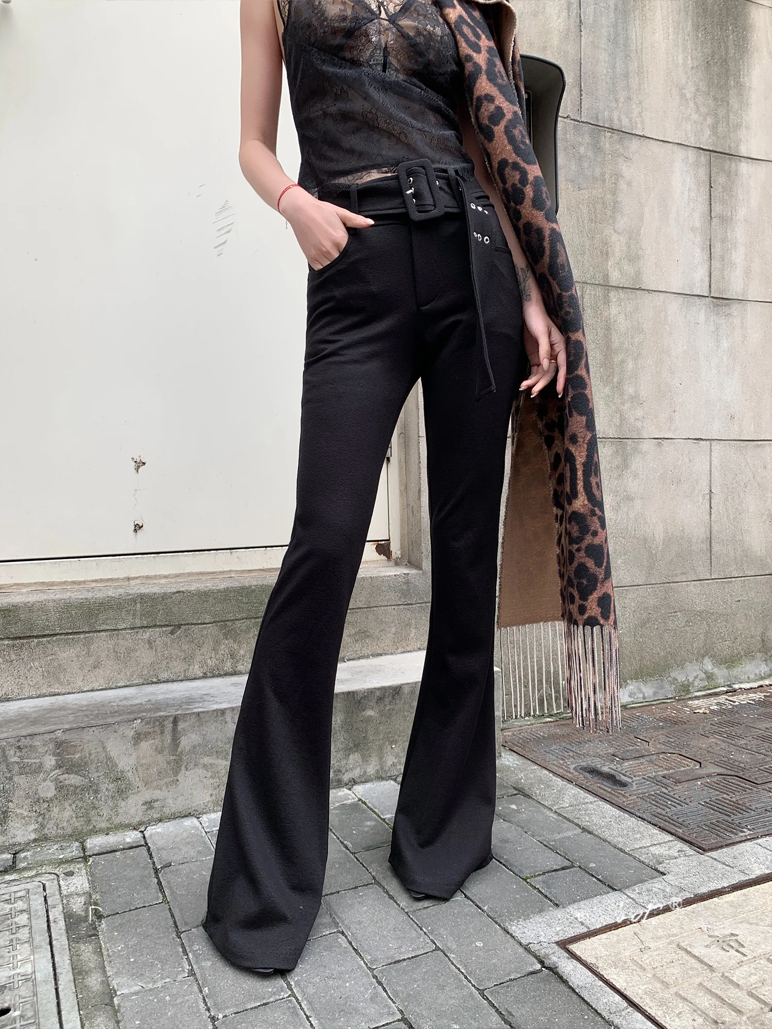 

Dongni3 Slim Fit Straight Leg Pants with Wide Belt Decoration Bla Flared Trousers Versatile Casual Pants for Women