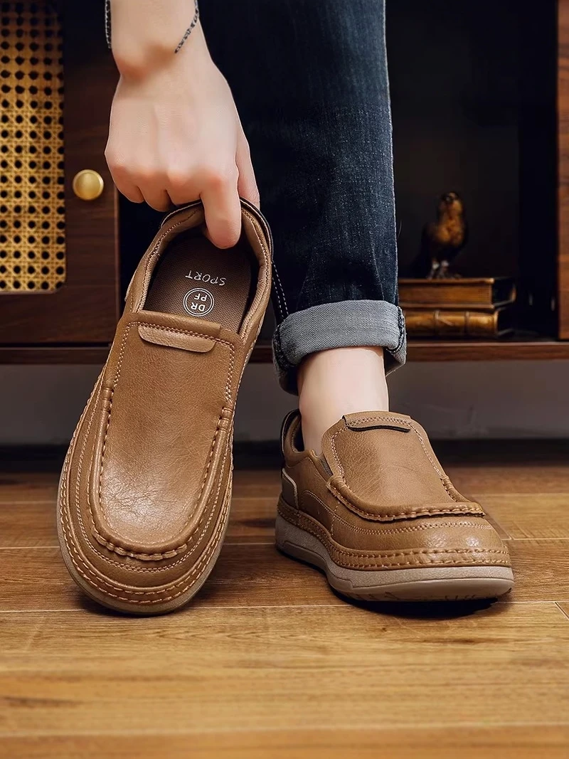 

Men's Slip-On Shoes Thick Bottom Heightening Anti-Slip Breathable Casual Leather Shoes Retro British Style Spring Summer New