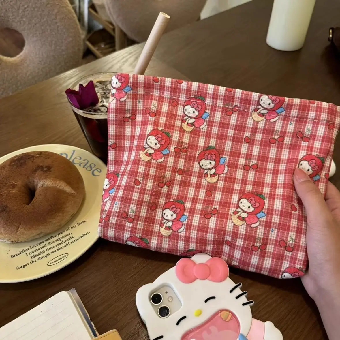 Sac à main Hello Kitty Sanurgente en toile avec fermeture éclair, sac de rangement de voyage à carreaux imprimé dessin animé, sac de maquillage Kawaii, sac à lunch décontracté, sac à main Bento mignon