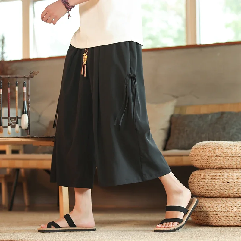 Causal Baggy Pants Mens Summer Japan Samurai Draped Harem Men\'s Traditional Wide Leg Pants Black Male Calf-Length Trousers M-5XL