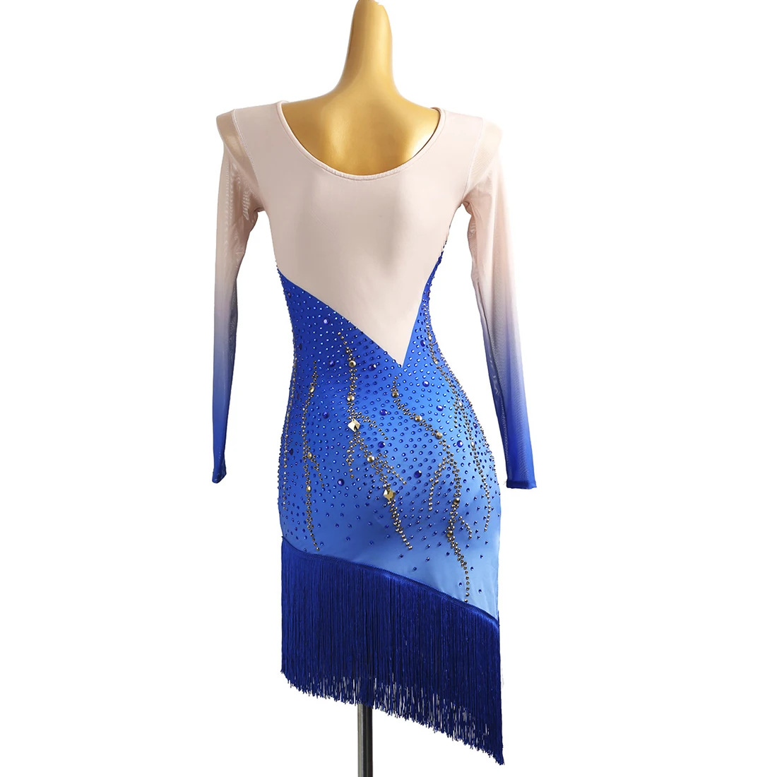 Latin Dance Performance Clothing Gradient Mesh Long-sleeved Diamond Tassel Adult Professional Competition Art Test Dance Dress