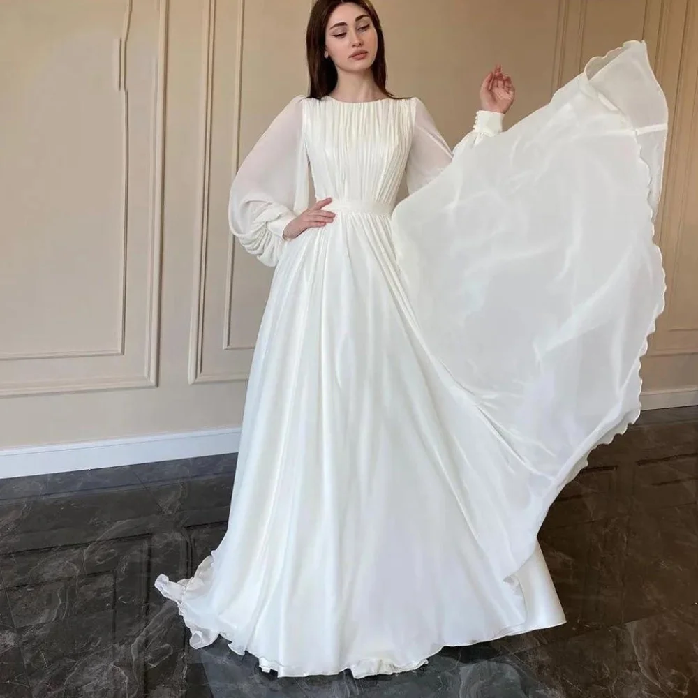 Muslim Ivory A-line Wedding Dresses Satin Draped 2023 New Design Pleat Full Brideing Gown Floor Length O-Neck robe de mariée