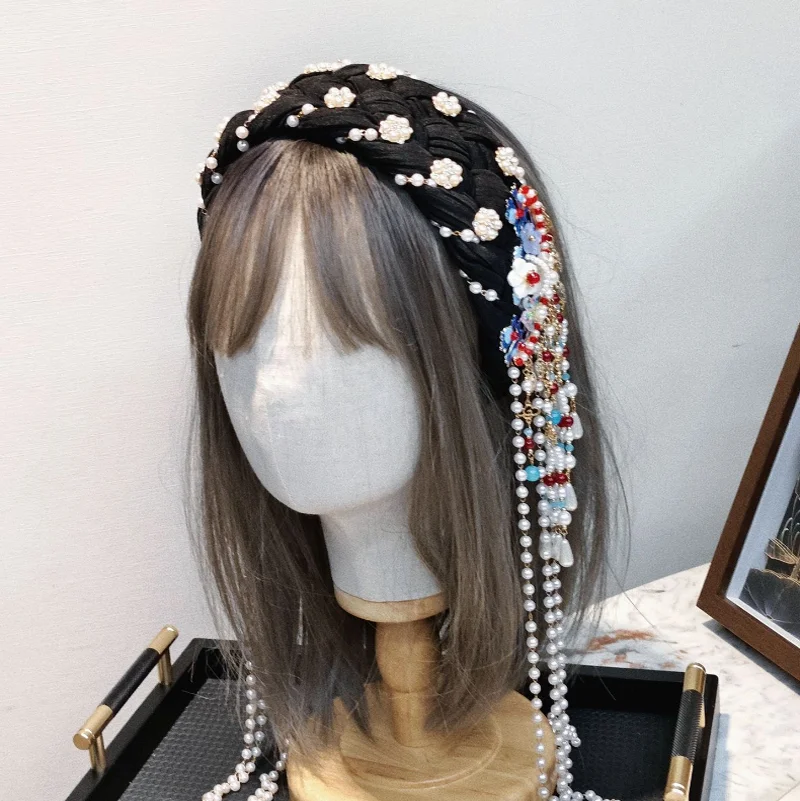 New Chinese Style Twists Braid Hairbands Headband with Pearl Tassel Vintage Wide Edge Hair Hoop Hair Band Accessories Headwear
