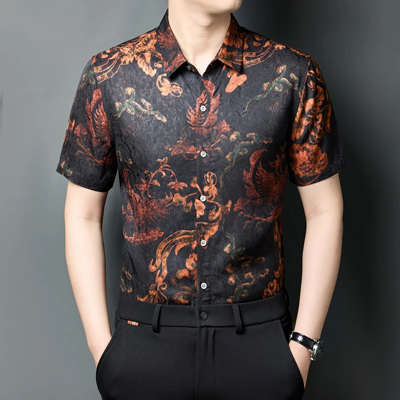 

HT7806 Vintage Print Luxury Shirts For Men Short Sleeve Viscose Summer Quality Silky Comfortable Casual Trendy Camisas De Hombre