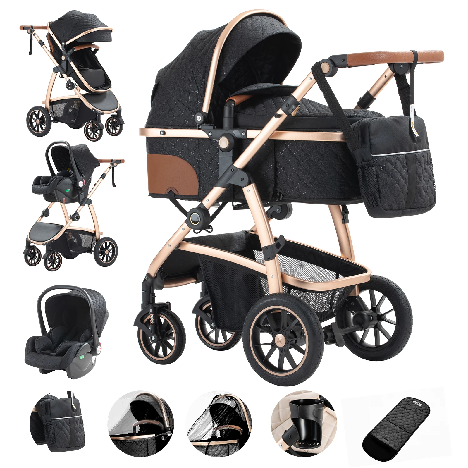 3-in-1 kinderwagen Reiskinderwagen met in hoogte verstelbaar handvat Reiskinderwagen met klamboe Kinderwagen met aluminium frame