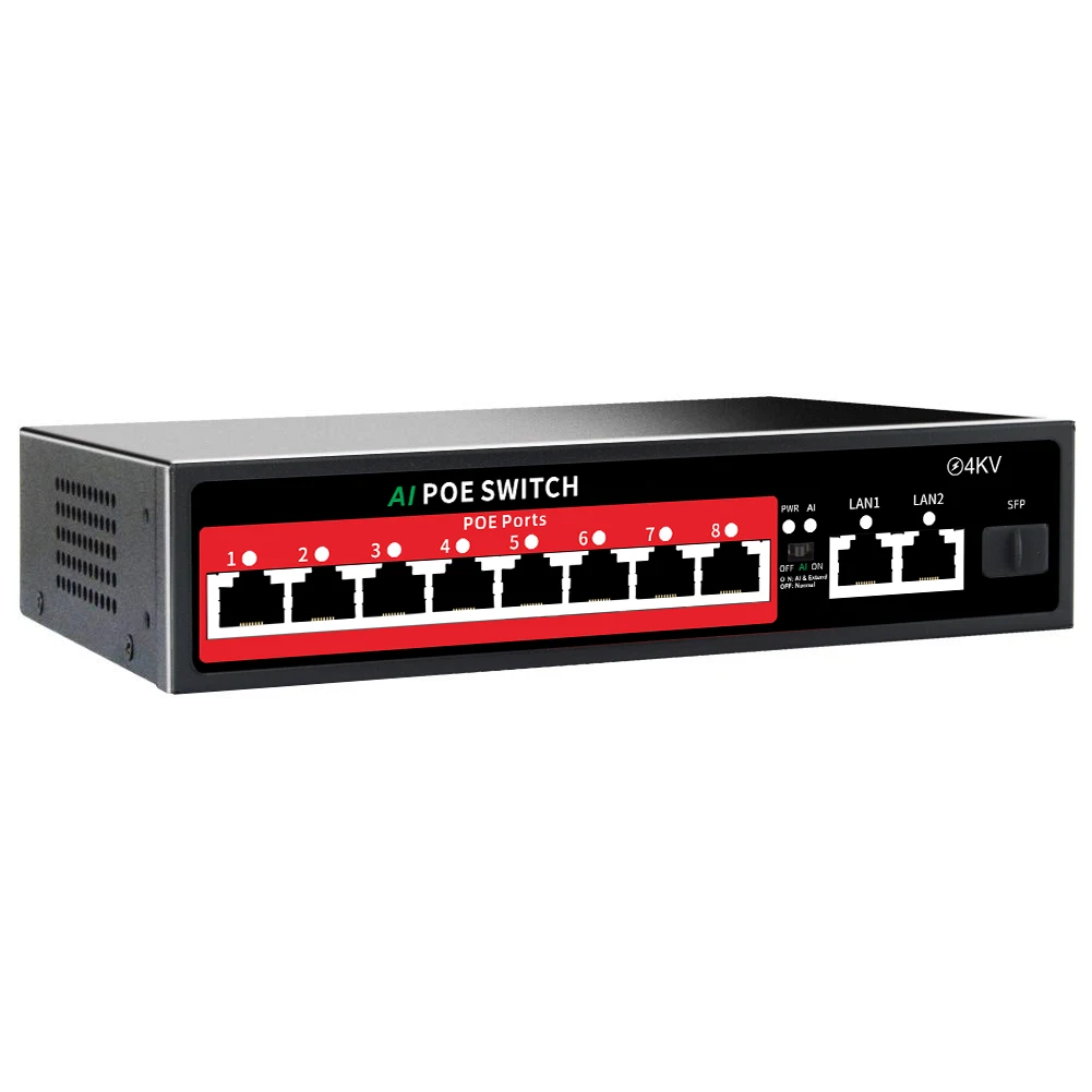 8 PoE ports 100mbps unmanaged network switch for CCTV with 2 Gigabit uplink stackable VLAN 1 year warranty