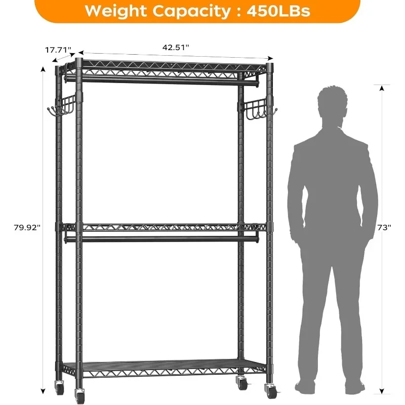 Heavy Duty Rolling Garment Rack with Adjustable Wire Shelving, 3 Tiers Clothes Rack with Double Rods and Side Hooks