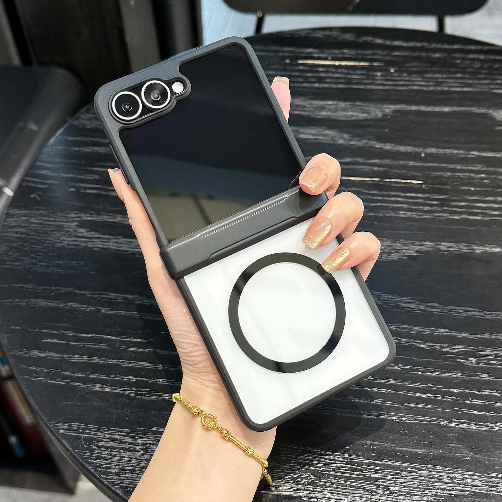 Clear Magnetic Phone Case for Samsung Galaxy Z Flip 7 Black Soft Silicone Border Folding Hinge Wireless Charging Protect Cover