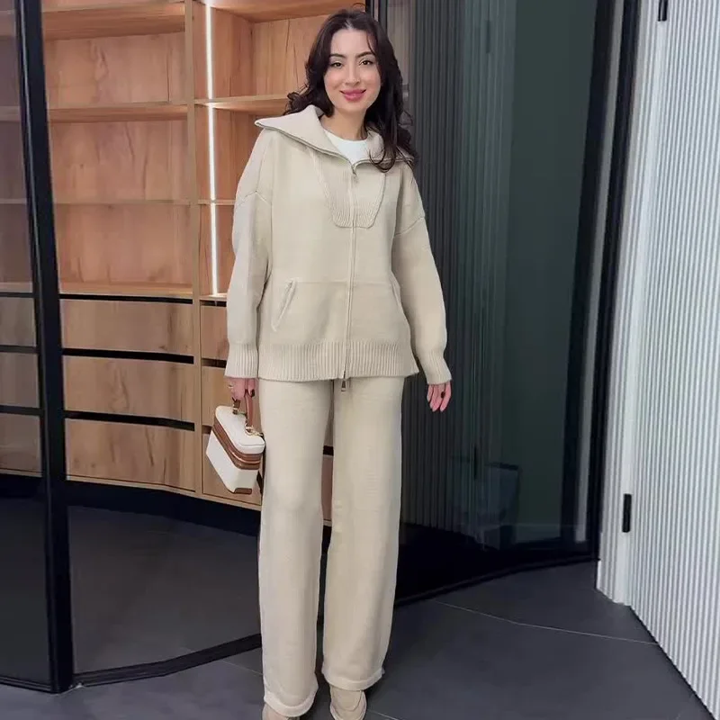 Two Piece Sets Women Knitted Cardigan Trousers Knitting Suit Zipper Turndown Collar Coat Muslim Casual Ensemble Knitwear Outfits