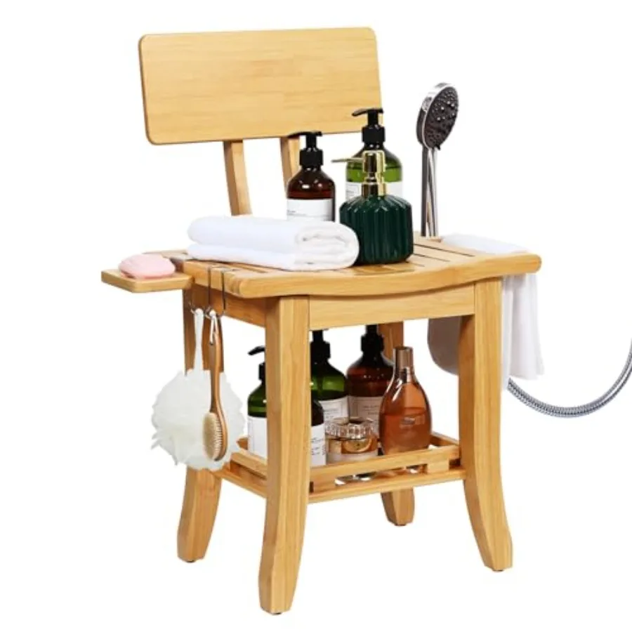 Two-Tier Bamboo Shower Chair for Inside Shower Waterproof Baby Bath Seat with Storage Shelf Soap Dish and Shower Head Holder Sh