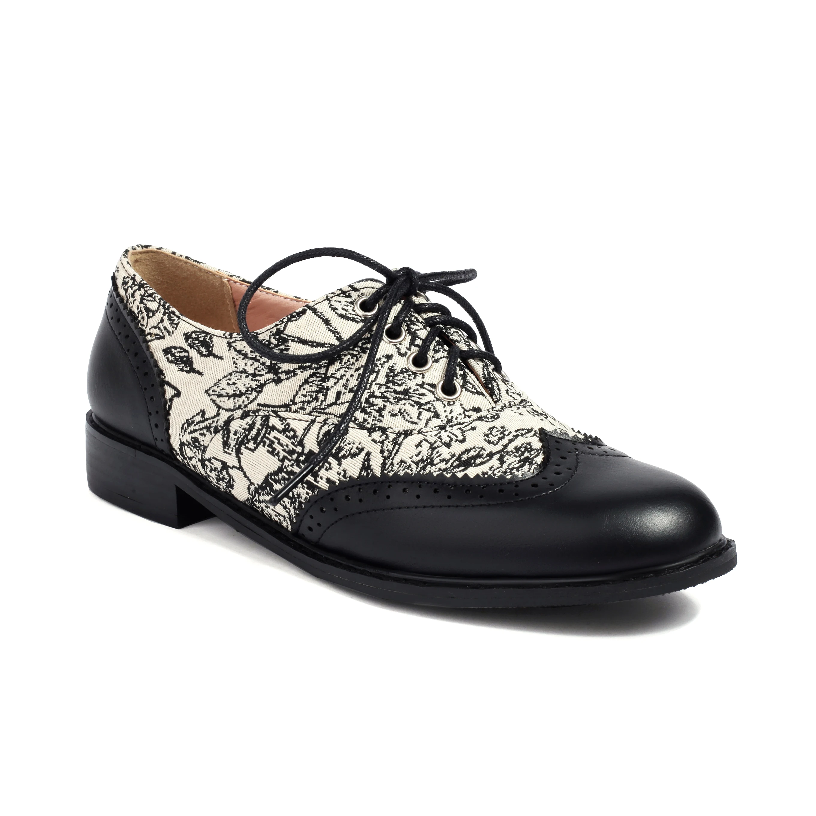 

Women's Flats Leather Brogue Shoes PU Patchwork Print Cloth Lace Up Burnout Holes Comfy Low Heels Footwear