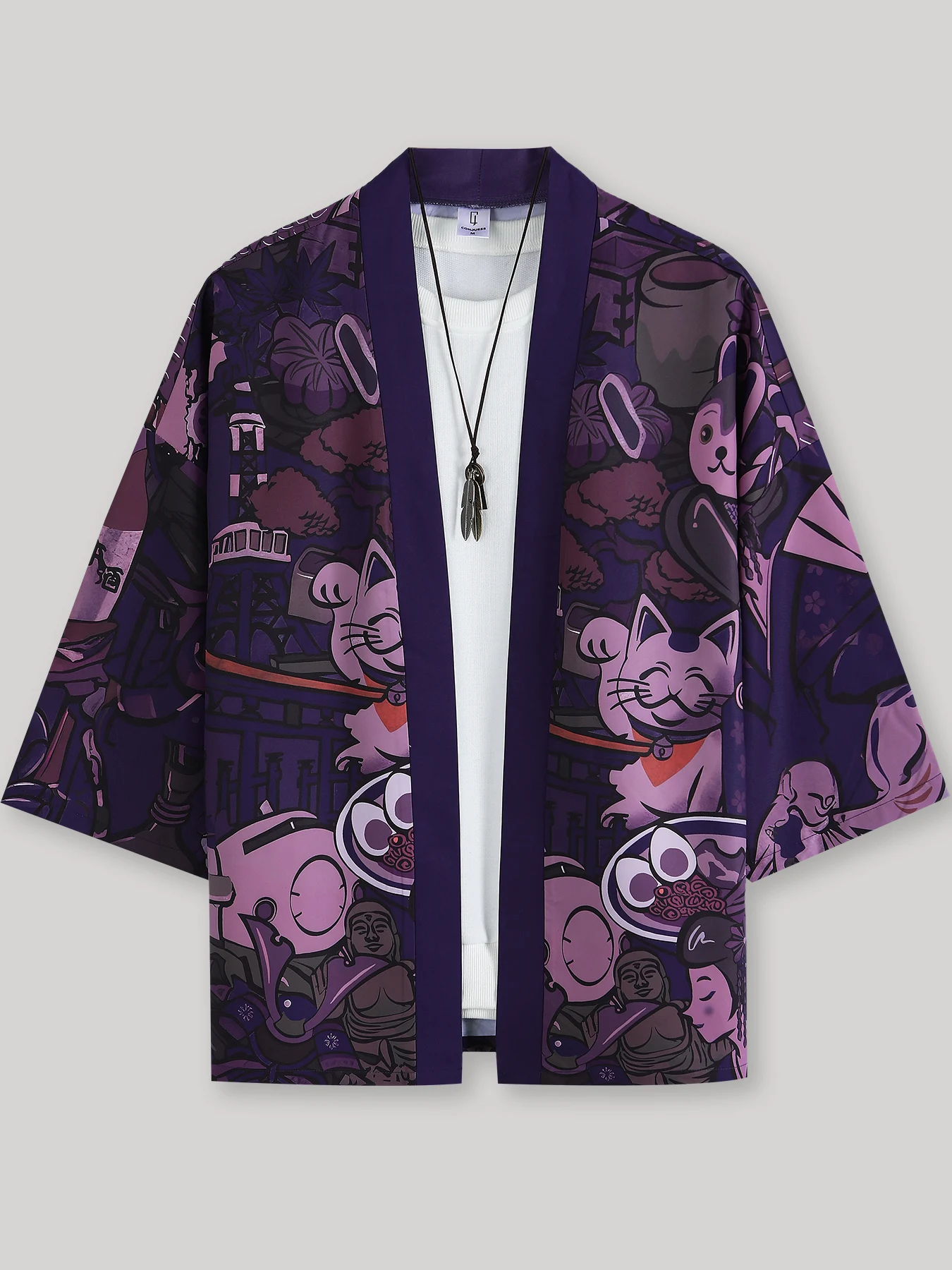 Streetwear Lucky Cat Print Kimono Men's Spring Fall Loose Cartoon Full Print Seven-Quarter Sleeve Cardigan
