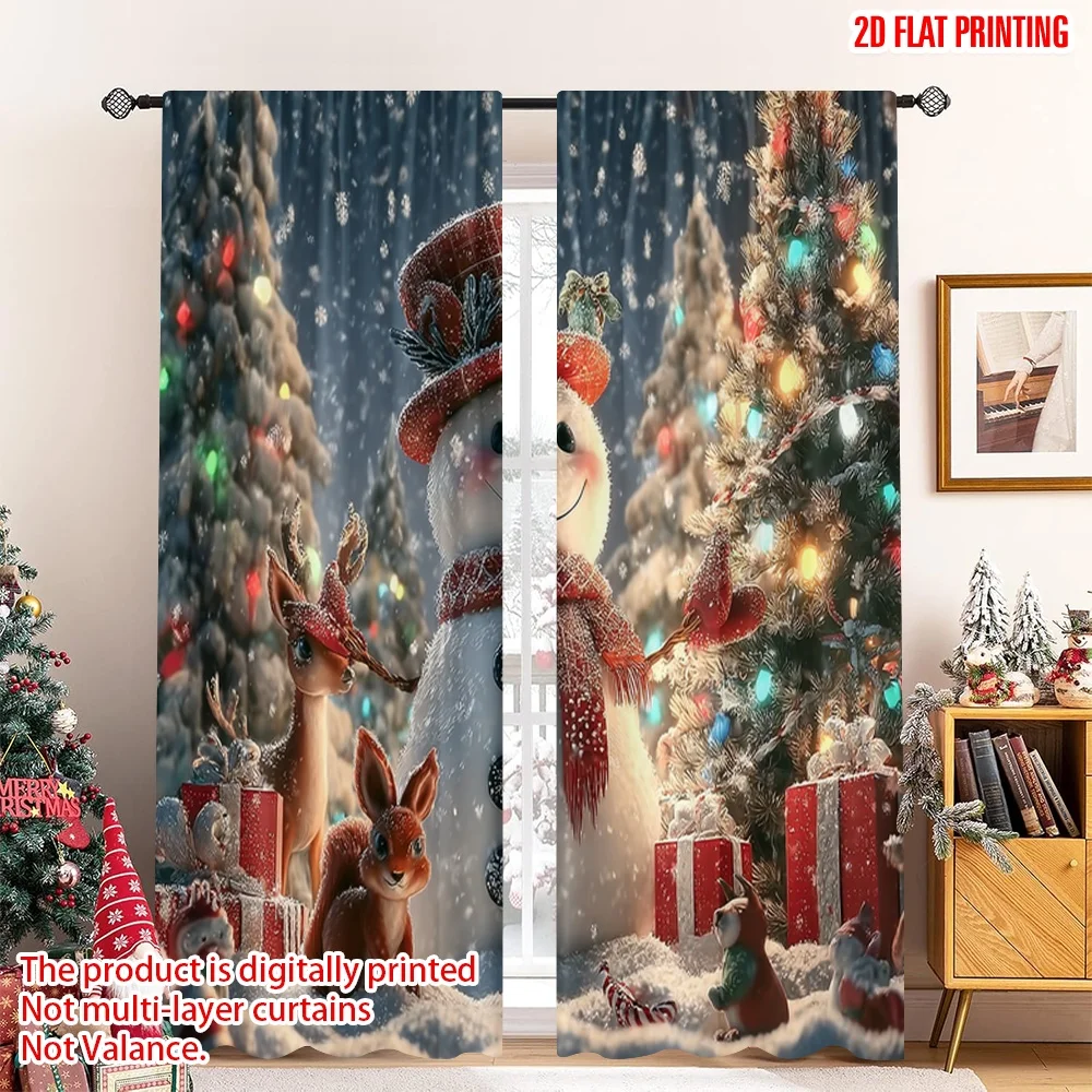 

2pcs 2D flat printing Fashionable Christmas curtains Candy cane gingerbread snowmen and squirrels Digital Printed Polyester
