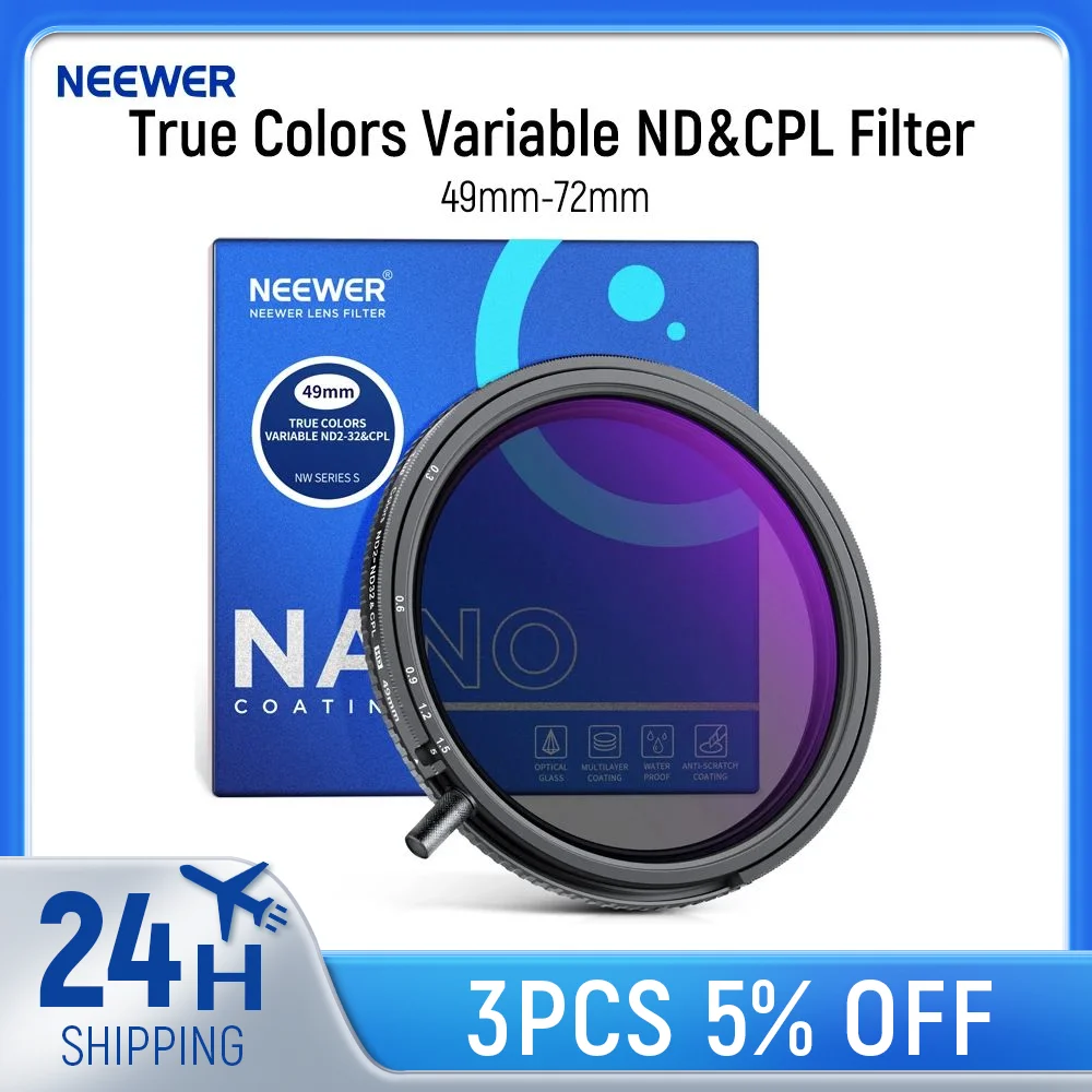 NEEWER True Colors Variable ND Filter ND2-ND32 & CPL, 2 in 1 Adjustable Neutral Density and Circular Polarizing Filter