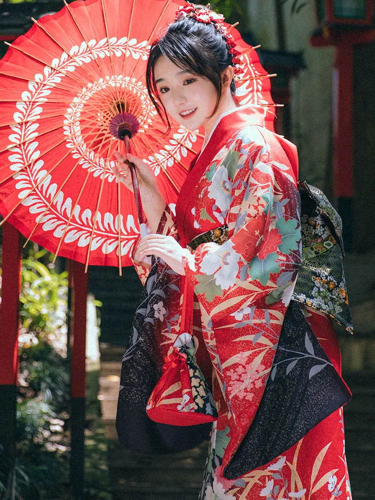 Retro vestido longo cosplay traje fotografia wear feminino cor vermelha estampas florais japão tradicional quimono manga longa yukata