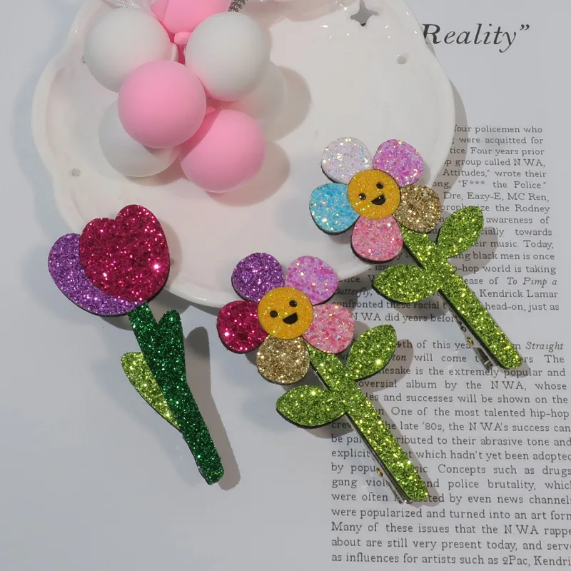 

15pcs Glitter Floral Hairpins Solid Smile Sunflower Tulips Hair Clips Barrettes Princess Headwear Hair Accessories for Girls