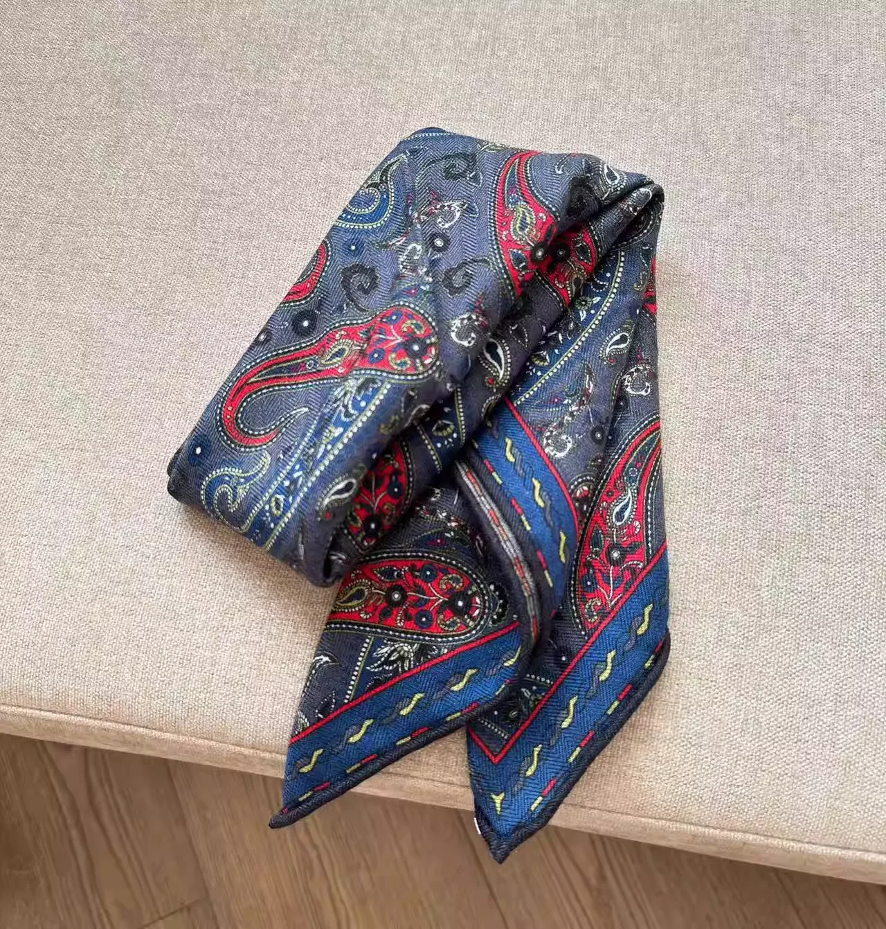 

2026 Wool Silk Square Scarf for Women Spain Style Vintage Blue Gray Paisley Pattern Neck Scarves Handkerchief Man Accessories