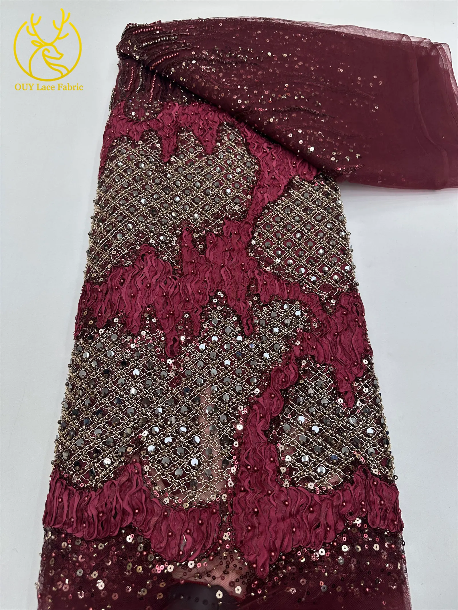 2026 Neues Design Französischer Perlen-Tüll-Spitzenstoff Weinrot Nigerianischer Afrikanischer Pailletten-Netzstoff für Abendkleider 5 Yards – Detail 7