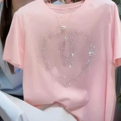 Advanced Australian Diamond Love Sparkling Pure Cotton Large Short Sleeve T-shirt Hot Stamped Loose Round Neck Top Outer Wear