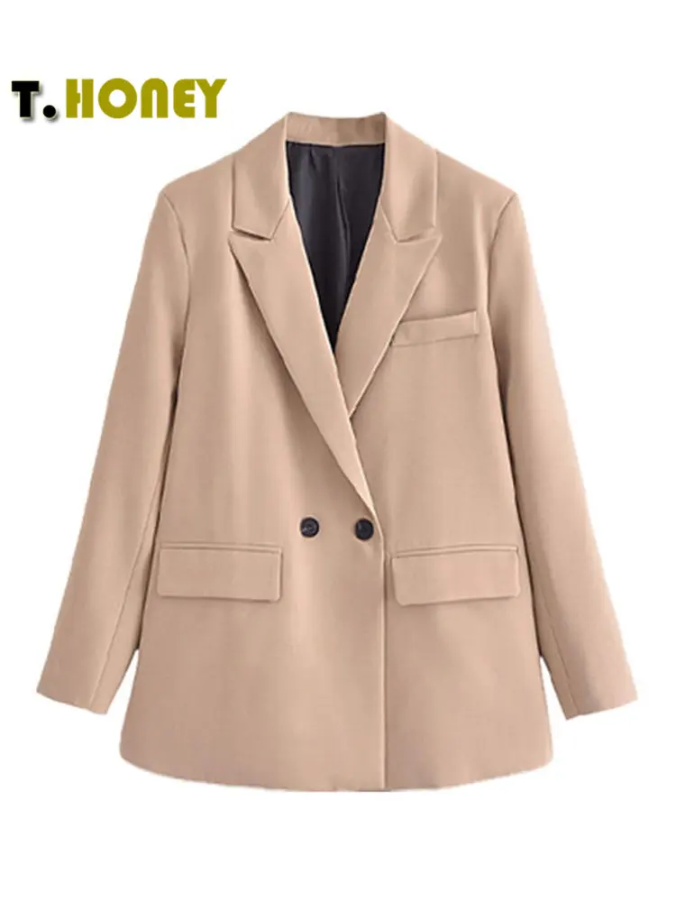 TELLHONEY Women Fashion Solid Double Breasted Blazers Female Elegant Long Sleeves Loose Jacket Coats Office Ladies Outerwear Top