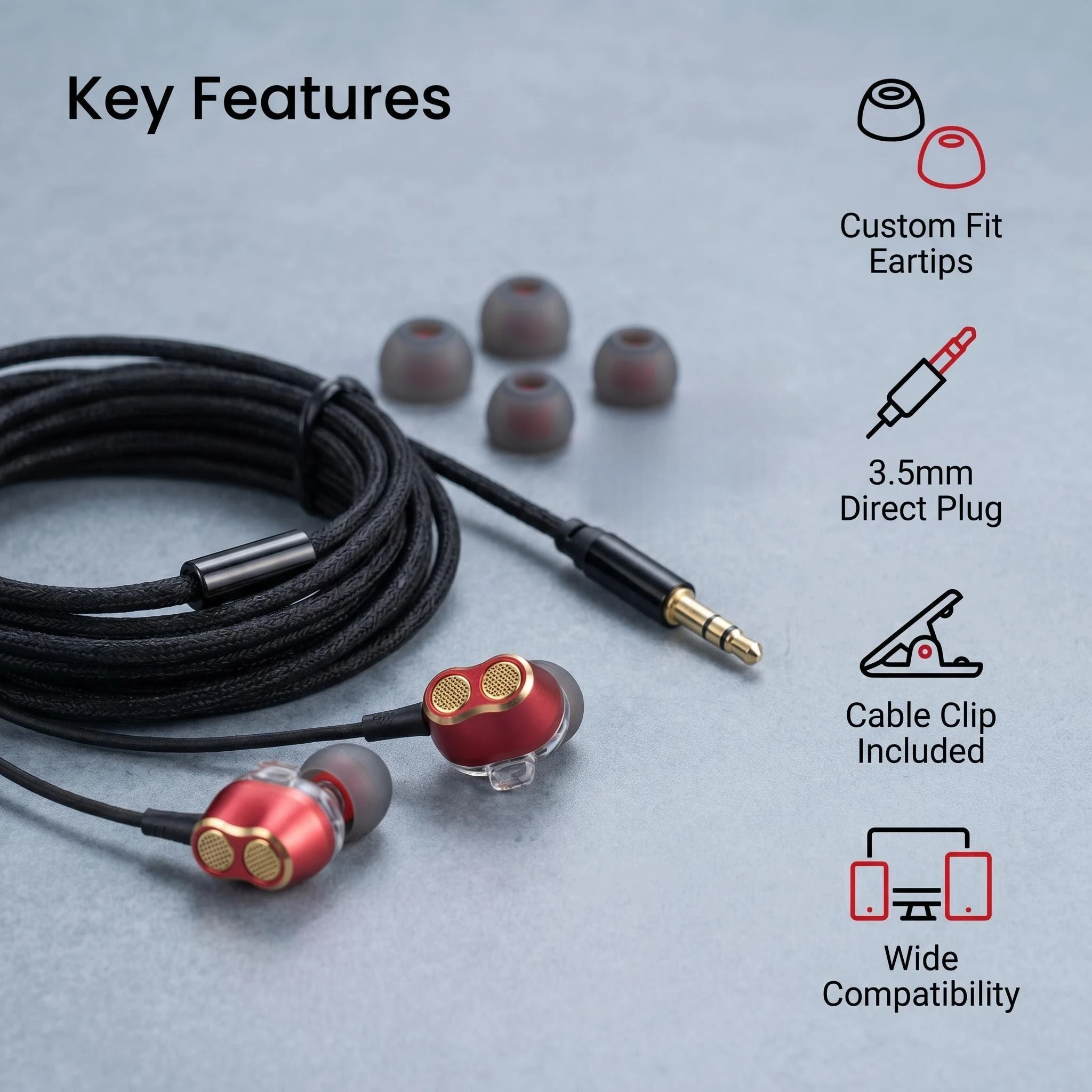 3.5mm Wired In-Ear Sound Tuning Earphones HiFi Stereo Earbuds with Cable Clip for PC Laptop Phone Gaming Music