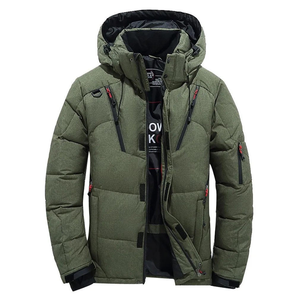 Men Winter White Duck Down Jacket Hooded Outdoor Thick Warm Padded Snow Coat Long-Sleeved Multi-Zip Fashion Jacket Mens Clothing